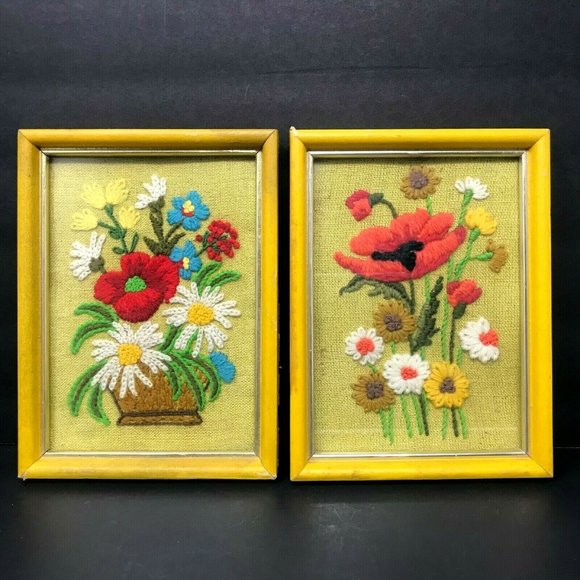 Handmade Other - 2 Vintage Crewel Pictures 1960s 1970s Floral Mod